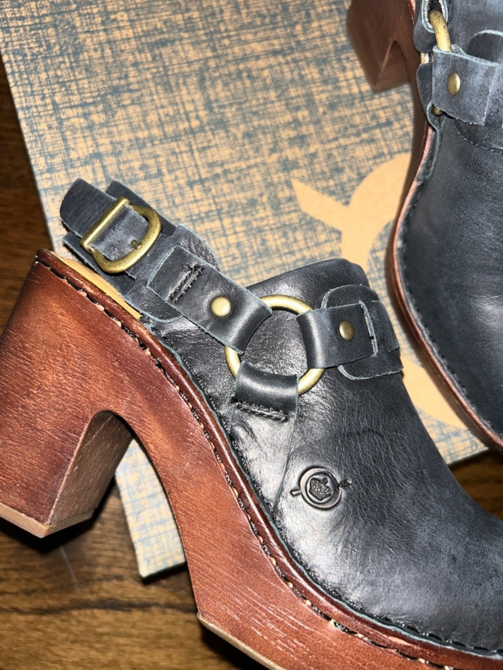 Born Black Leather Clog Mules with Brown Wood-Look Soles - Picture 6 of 7